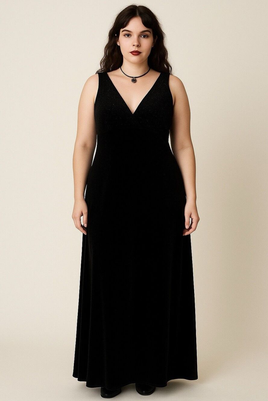 Vtg Y2K Black Sleeveless Velvet Maxi Babydoll Dress Vamp Whimsigoth Witchy 10